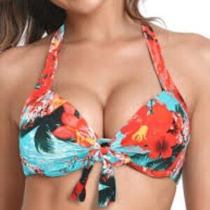 COLLOYES SWIMWEAR FLORAL RED PRINT BIKINI WOMEN TROPICAL TOP ONLY LARGE NWT
